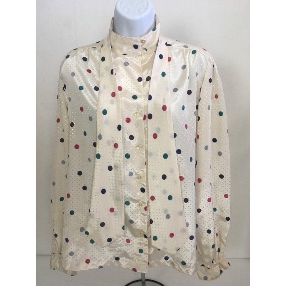 Sakowitz Top Sz 16 Cream w Colorful Polka Dots Button Up High Collar Tie Collar